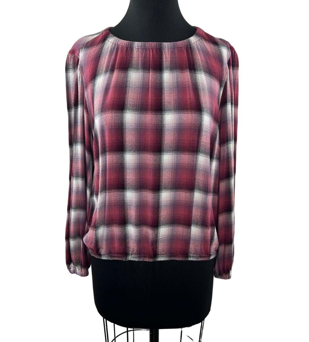 Cloth & Stone Glacier Plaid Blouse Red Motif Balloon Sleeve Pullover Size M Med